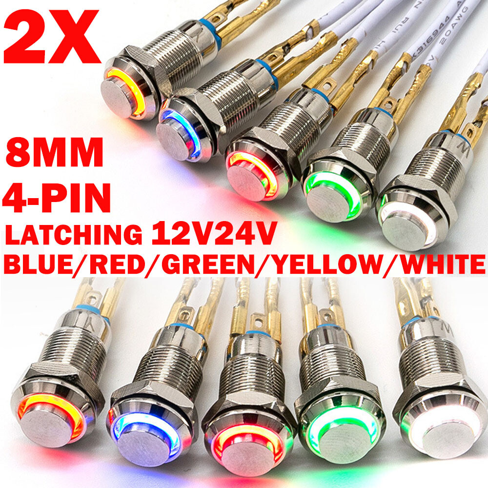 2pc 8mm Small Metal Push Button Switch 4Pin LED Latching/Self Locking IP65 US