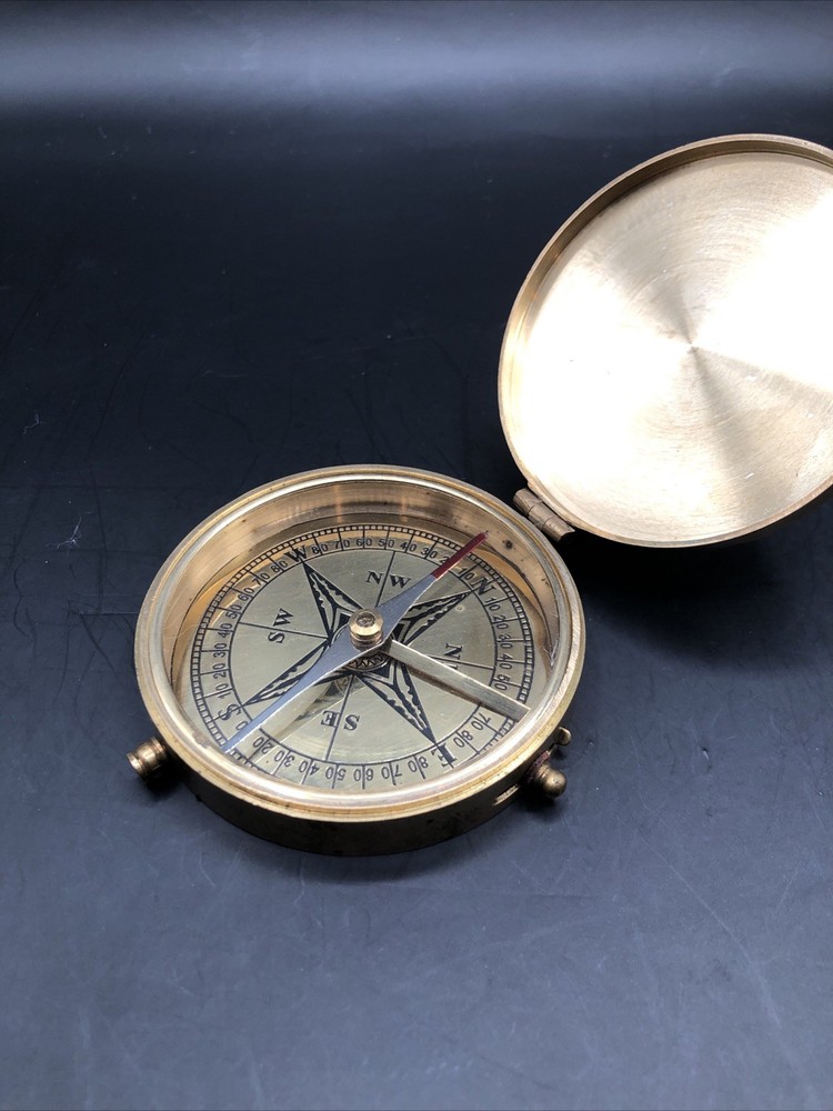 Vintage Solid Brass Pocket Compass 3 In Push Button Lock Collector Gift