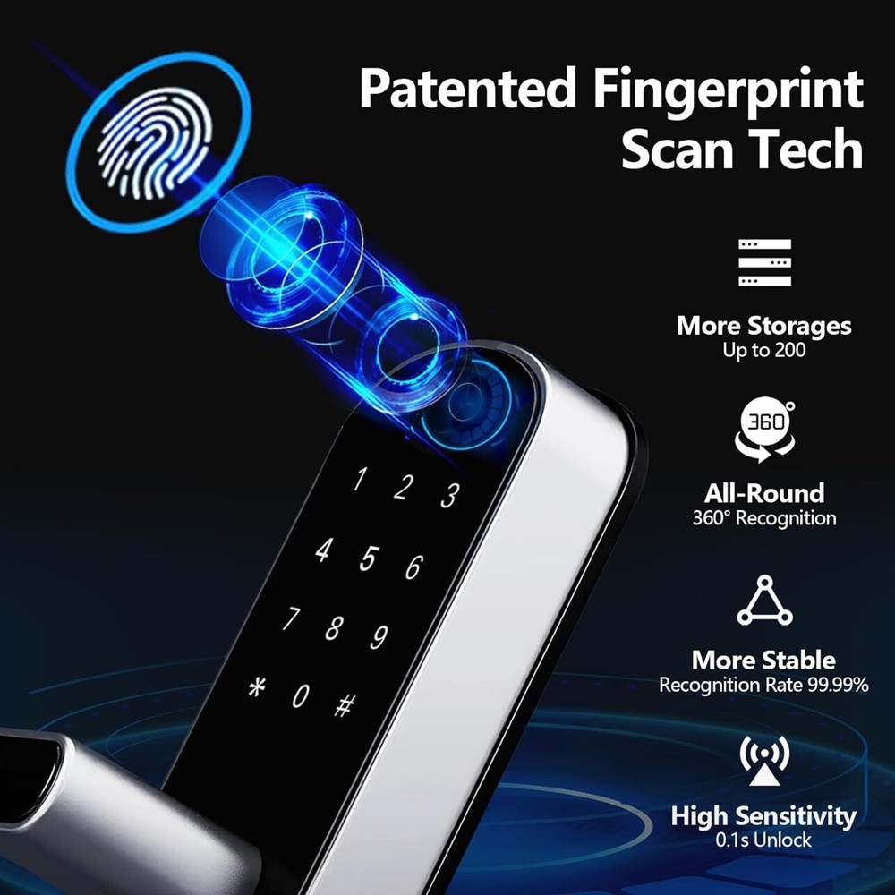 Keyless Fingerprint Smart Door Lock with Code Passcode & Door Handle App Control