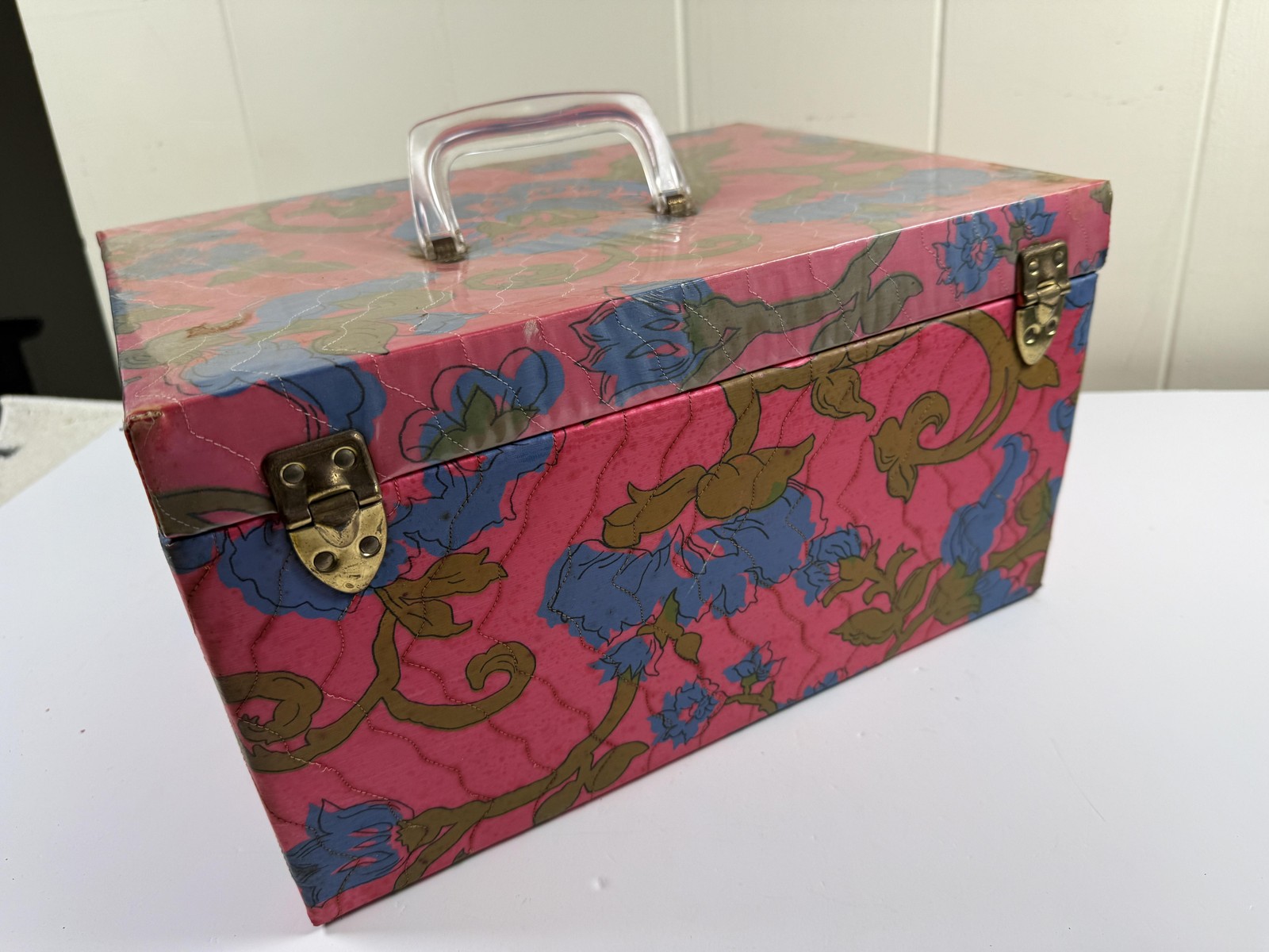 Vintage Sewing Box Kit Pink Floral Portable Sewing Case Box Organizer 60's