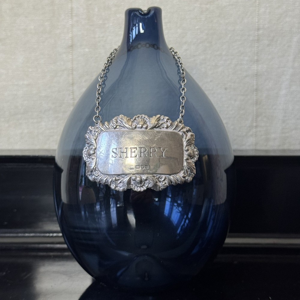Hallmarked Sterling Silver SHERRY Decanter Label, 1978, London, Shell Pattern