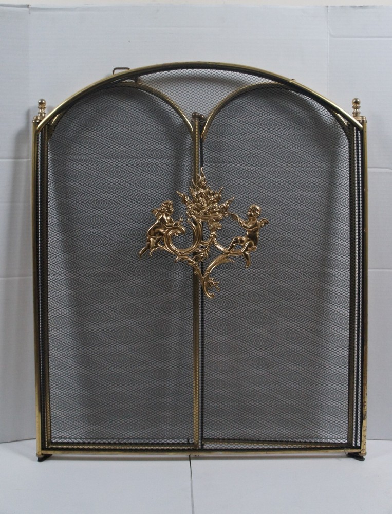 Antique Brass & Mesh 3 Panel Cherub Folding Fireplace Screen Hearthware 50"