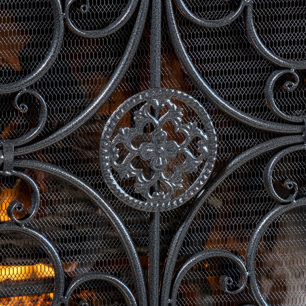 Black Silver Fireplace Screen Panel Stand Wrought Iron Mesh Victorian Scrollwork