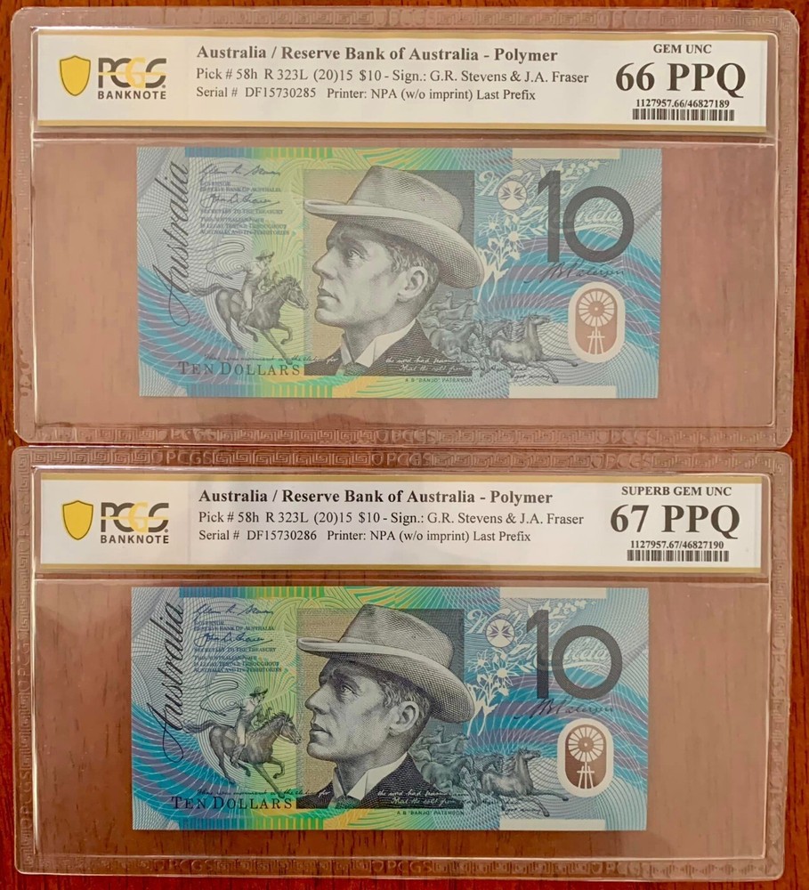 2015 $10 STEVENS & FRASER (DF15) LAST PREFIX CONSECUTIVE PAIR NOTES PCGS 66 & 67
