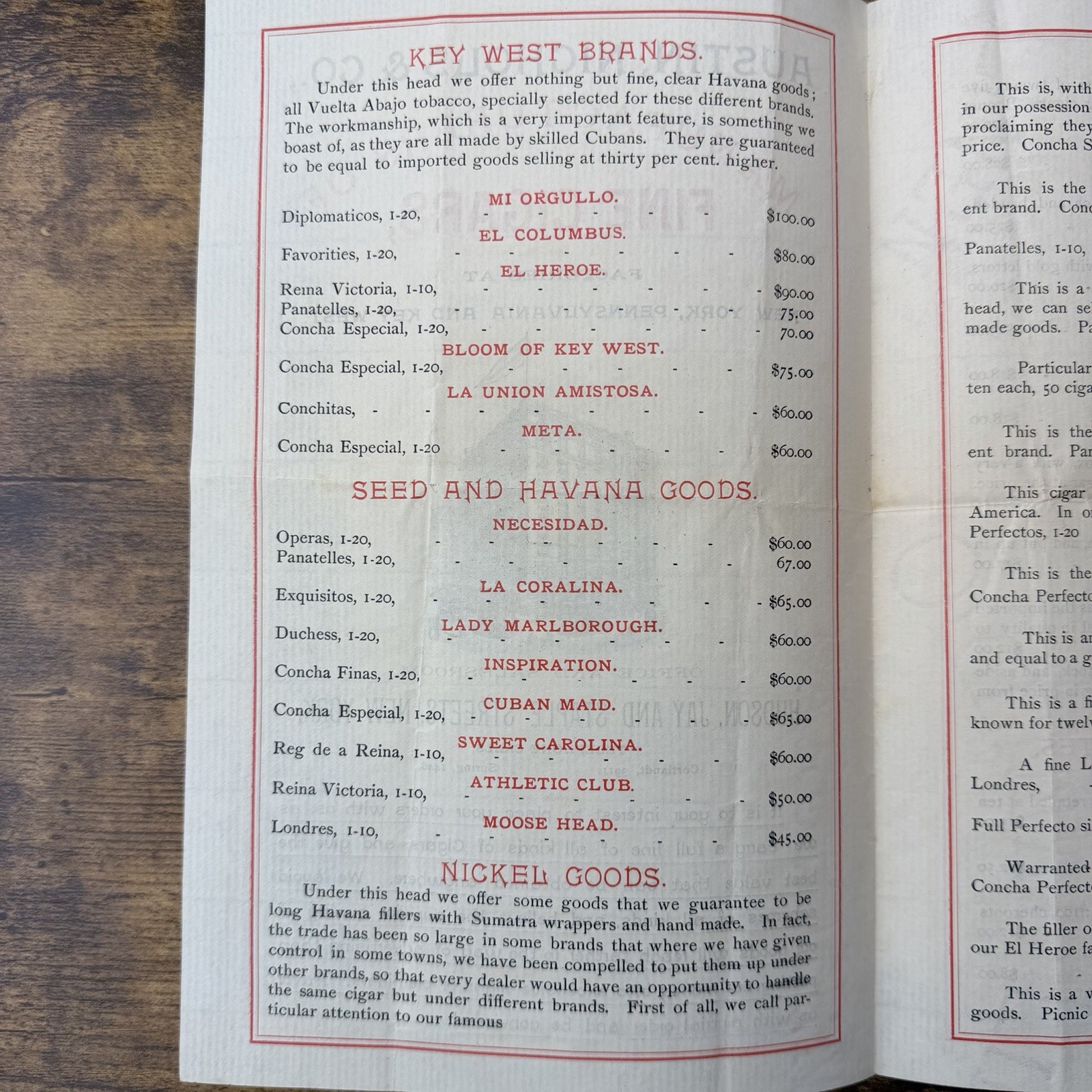 1890s-1900s Austin Nichols & Co. Cigar Catalog Price List New York Key West
