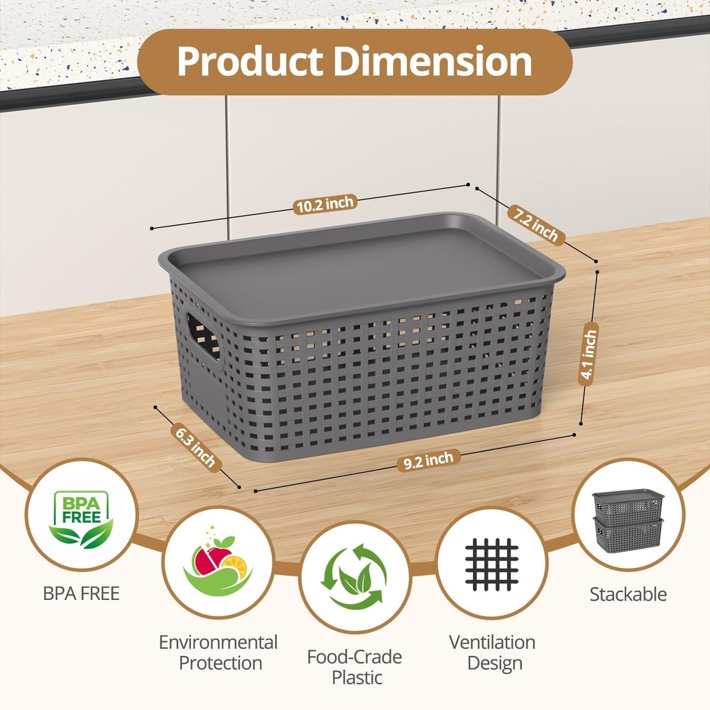 Plastic Storage Basket with Lids, Stackable Small Box Bins for Organizing and...