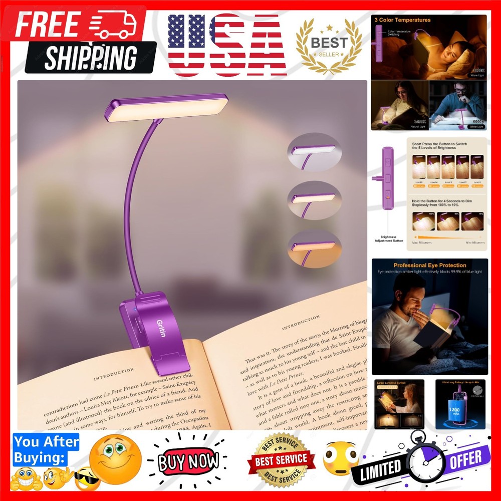 19 LED Rechargeable Book Light for Reading in Bed with Memory Function- Eye C...