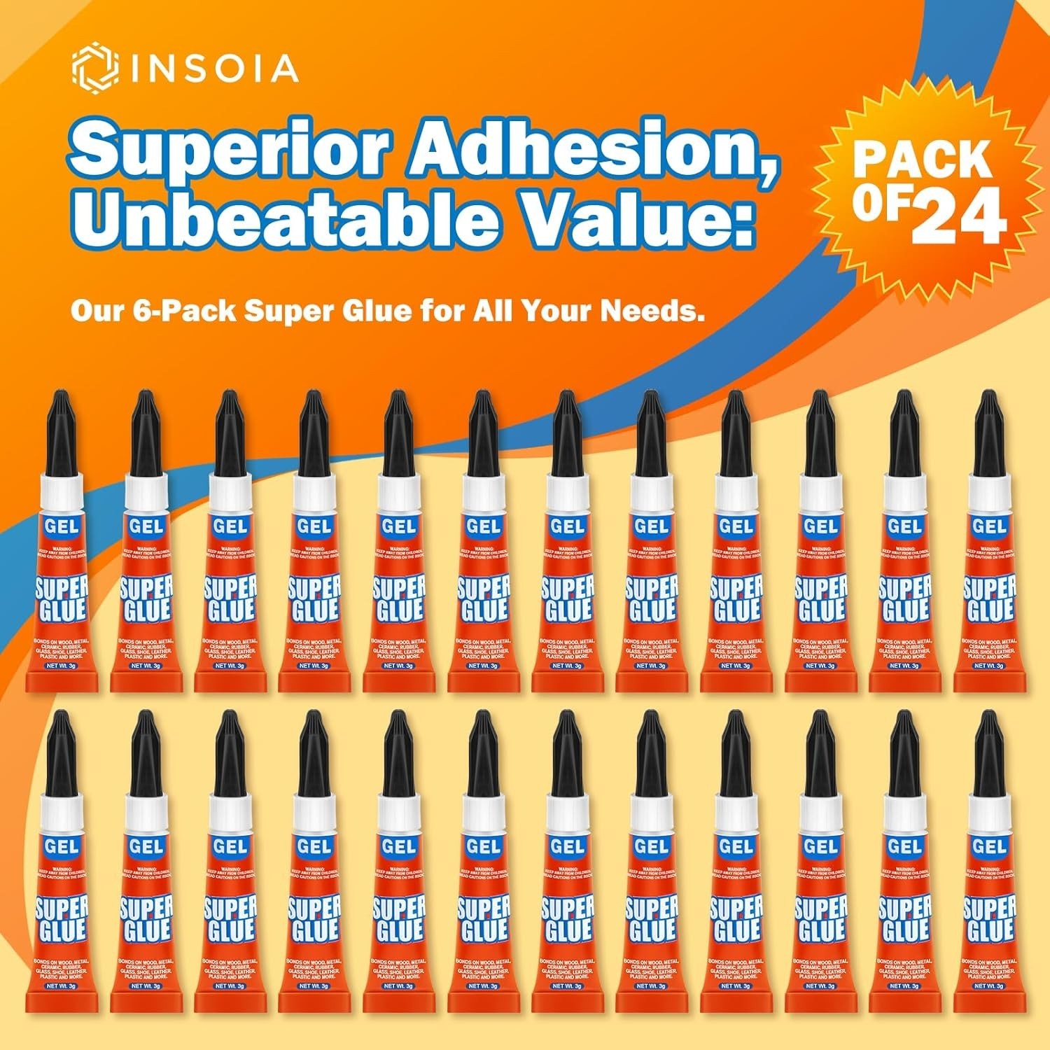 Super Glue Gel Clear Non-Drip, 24 X 3G All Purpose Strong Adhesive Ca Glue Quick