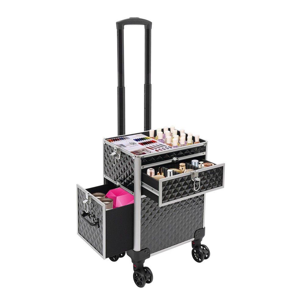 Professional Rolling Makeup Train Case, Multi-functional Cosmetic Trolley, Large