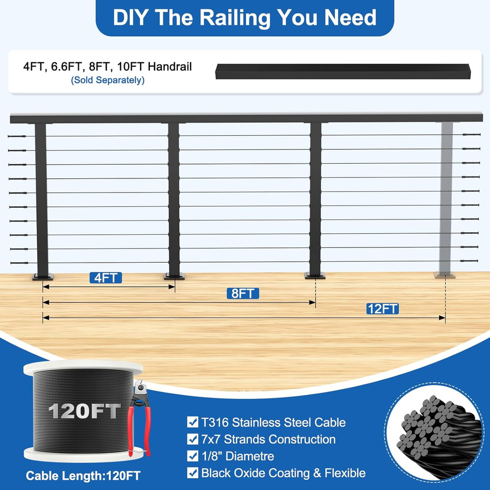 36" Cable Railing Post Kit - 4-8FT Stainless Steel Swageless System