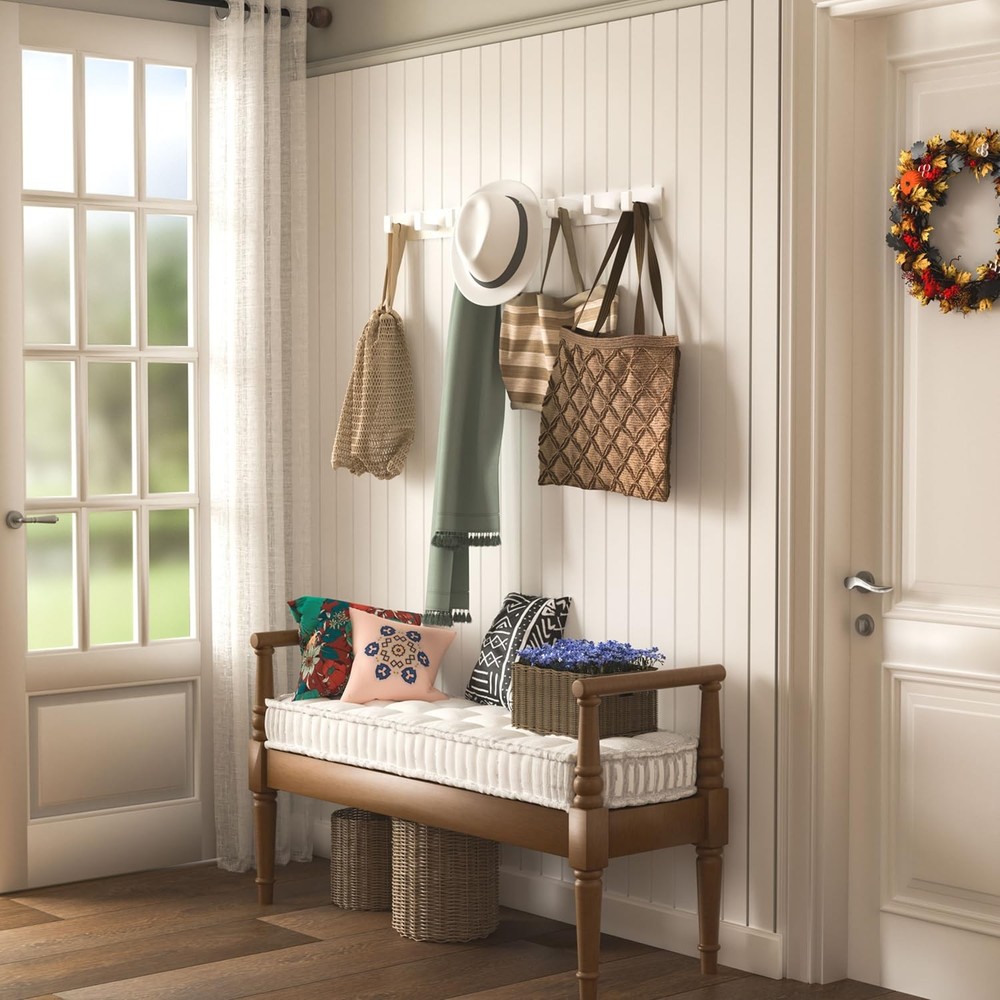 White Wall Mounted Coat Rack - 2 Modular Rails (25'' Total), 8 Right-Angle Ho...