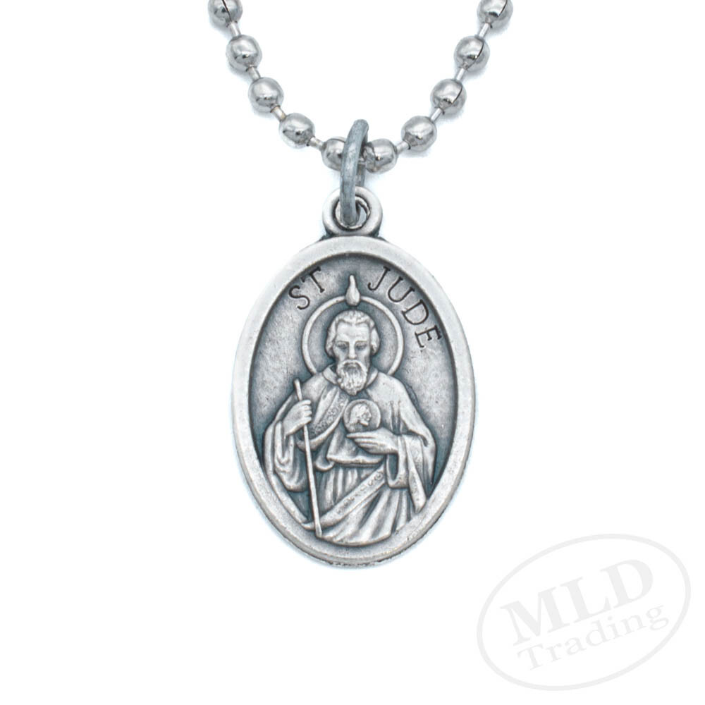 Saint St Jude Medal Pendant Necklace - Zinc Alloy, Made in Italy, 1" w 24" Chain