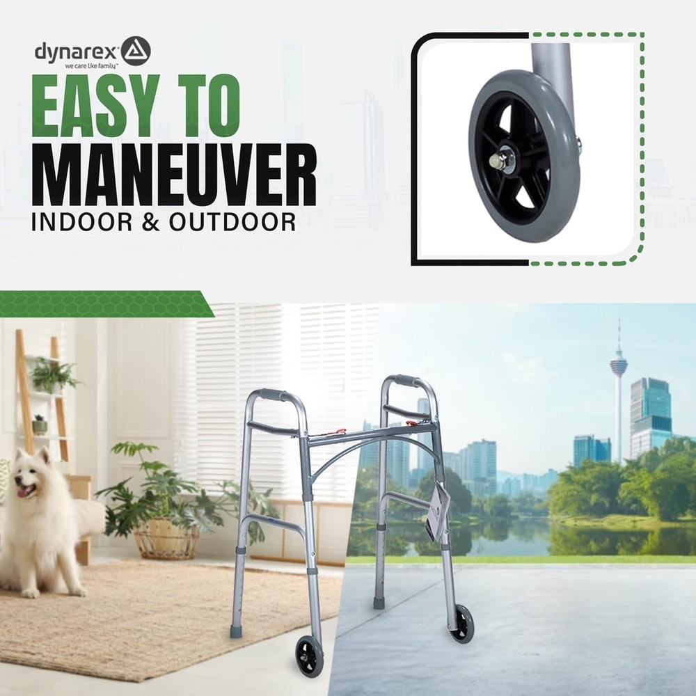 Junior Two-Button Folding Walker with Wheels has Tool-Free Adjustable Height