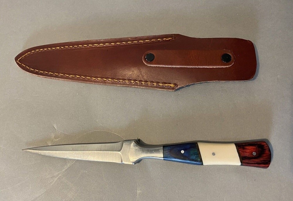 CUSTOM DOUBLE EDGED DAGGER KNIFE LEATHER SHEATH PATRIOTIC HANDLE