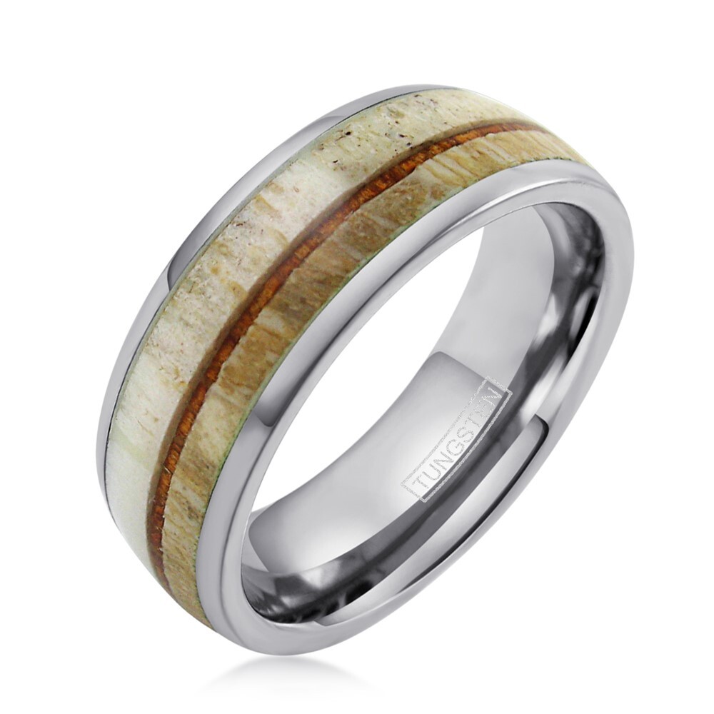 Engraved 8mm Tungsten Men's Deer Antler Hawaiian Koa Wood Wedding Band Ring