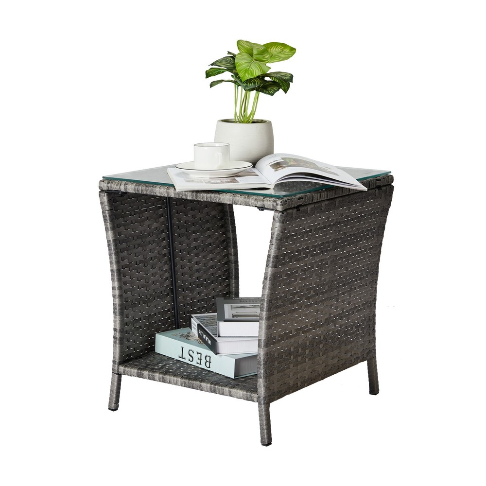 Outdoor Patio Wicker Side Table, Square End Table Bistro Coffee Table