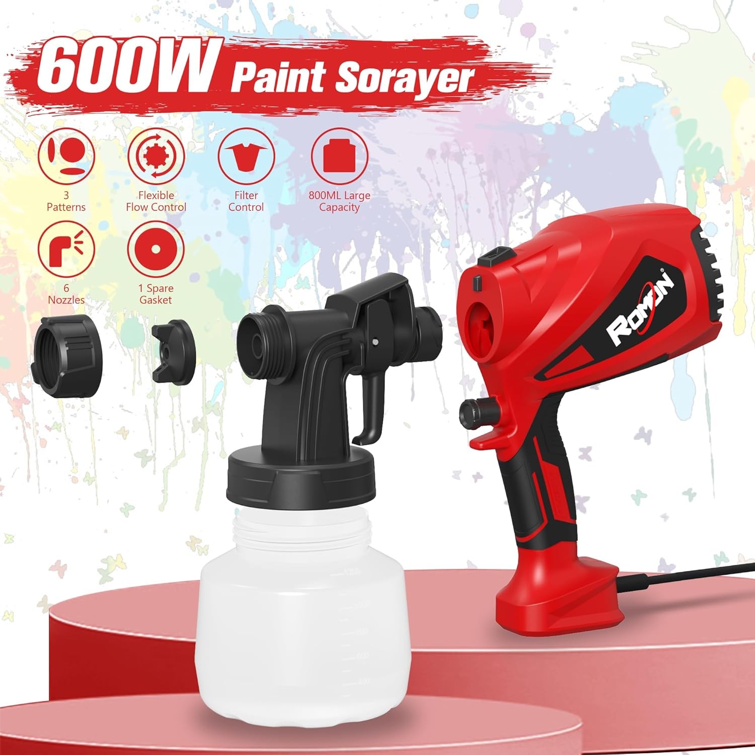 600ML Paint Sprayer HVLP Electric Spray Paint Gun with Container Red