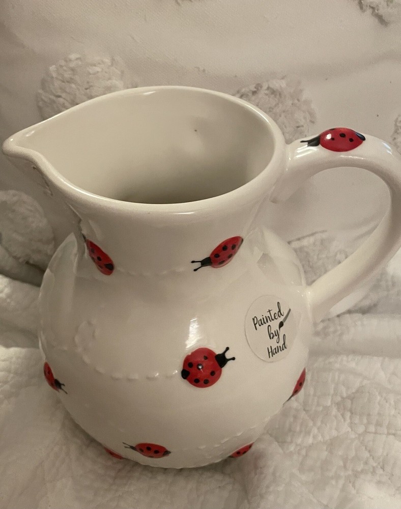 LANG By Design Hand Painted Ceramic Red Ladybugs On White Medium Size Pitcher