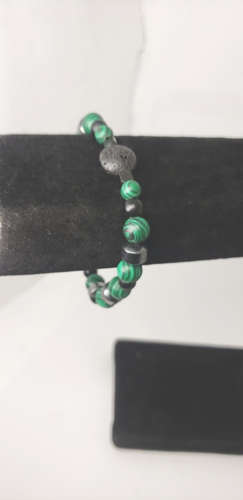Malachite, Hematite, And Lava Stone Beaded Stretch Bracelet| Stackable Bracelet