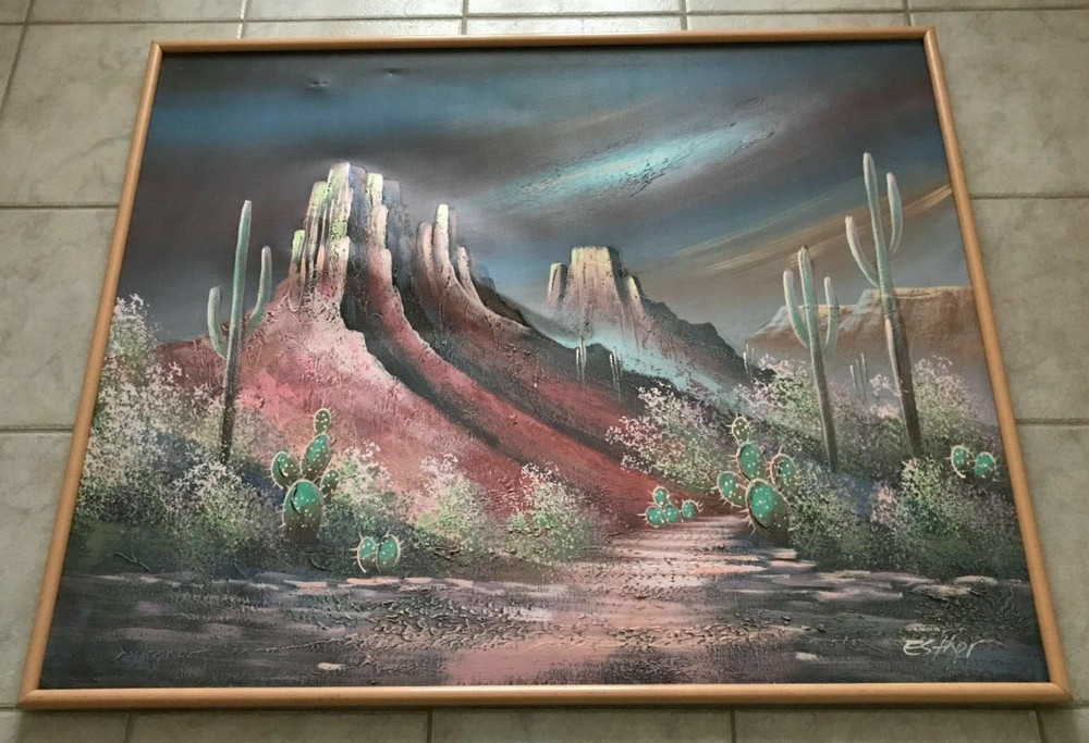 ARTMASTER STUDIOS Signed Ester Cactus Mountain Desert Scene Oil Texture Painting