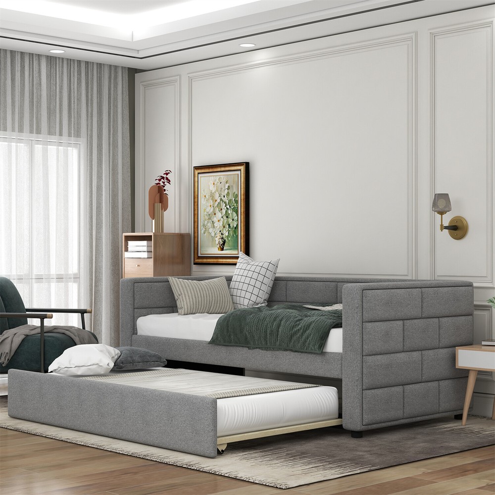 Twin Size Daybed w/ Pull Out Trundle Bed Upholstered Bed Frame Sofa Bed Gray US