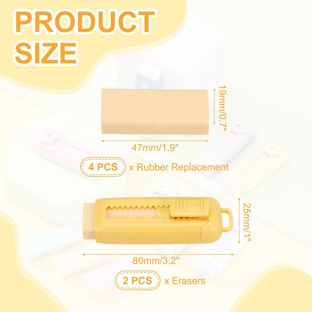 2+4Pack Erasers, Sliding Retractable Eraser Push Pull Pencil Erasers, Yellow