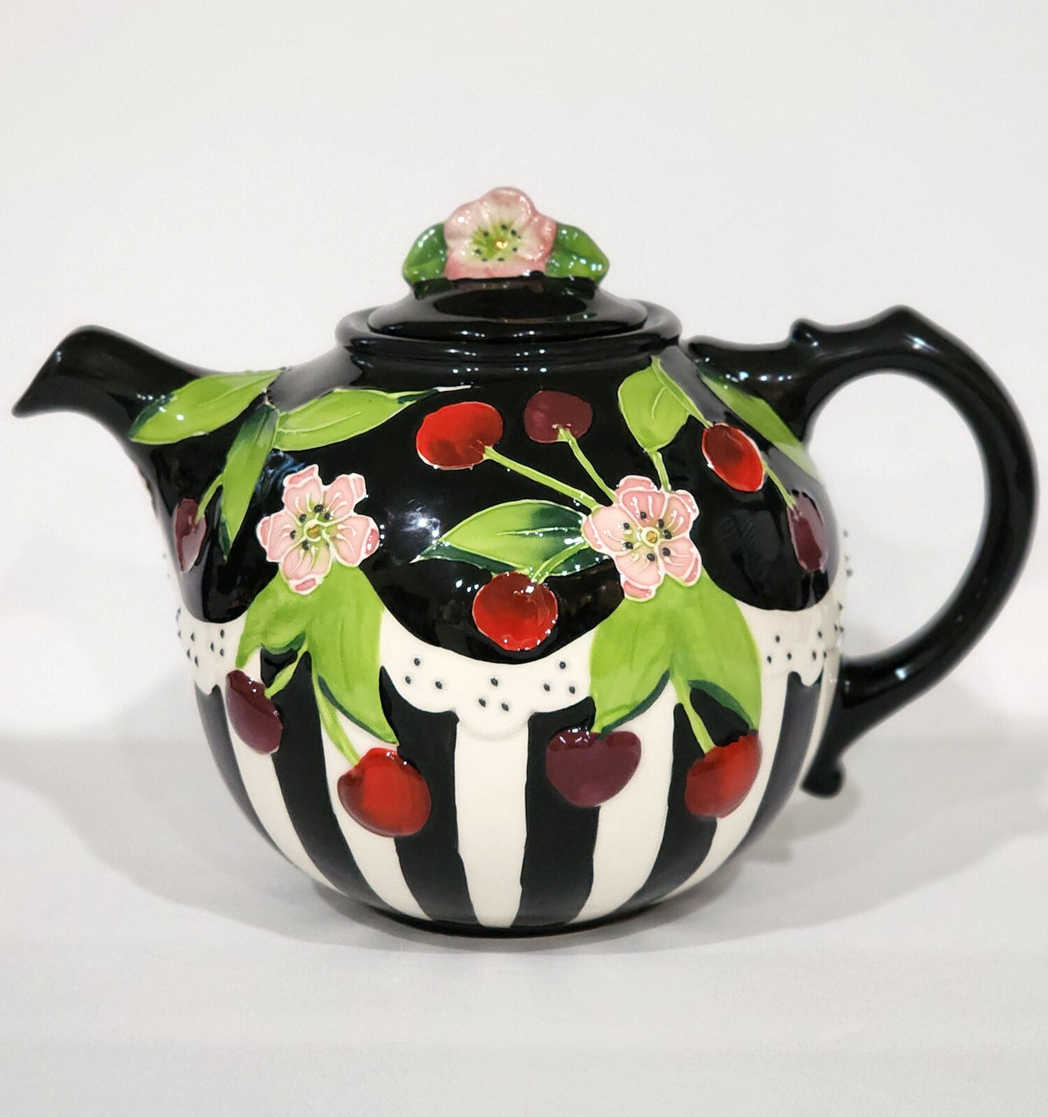 Blue Sky ICING ON THE CAKE Cherry Teapot Ceramic Floral Black White Engelbreit