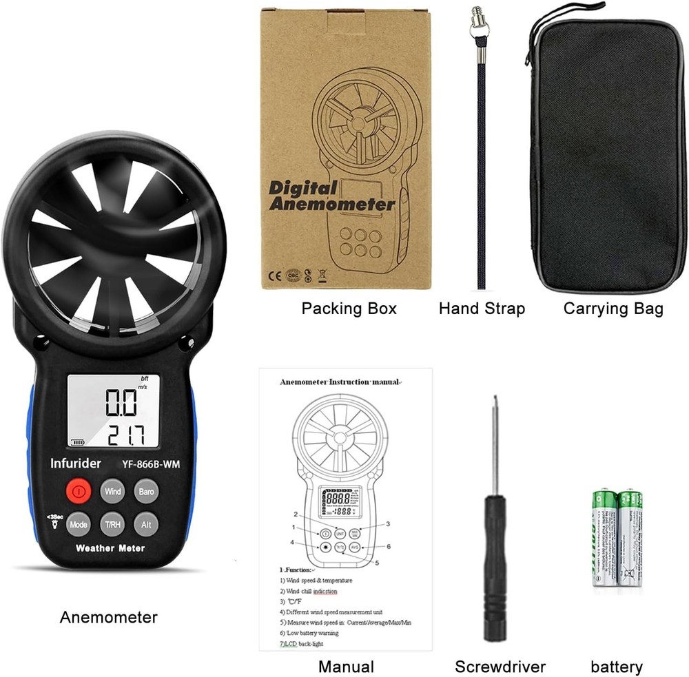Handheld Anemometer Barometer Weather Meter for Wind Speed Temp Humidity