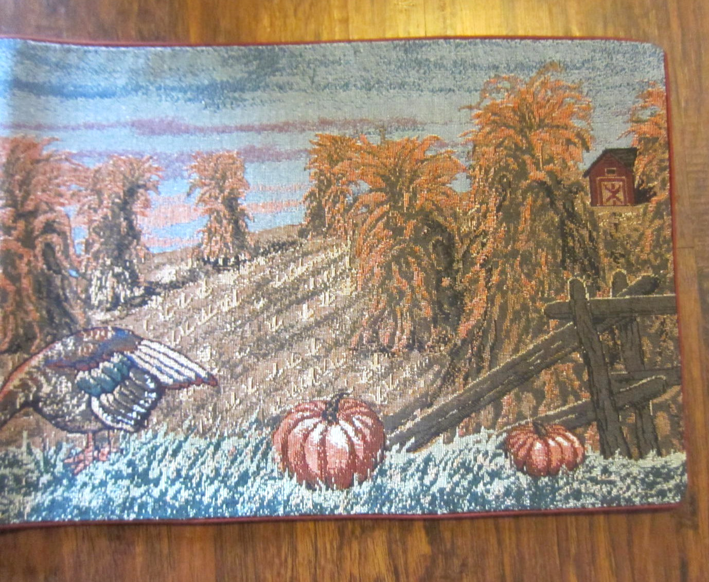 Thanksgiving Themed Woven Tapestry Table Runner Turkey Pumpkin Barn Hay 35x12.5