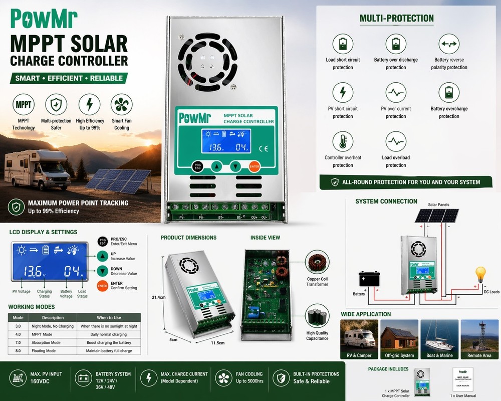 PowMr MPPT Solar Charge Controller LCD Display 40A 12-48V Multi-Protection