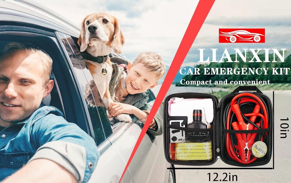 Car Roadside Emergency Kit with Jumper Cables and Tools