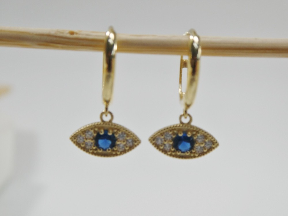 10K REAL SOLID YELLOW GOLD SAPPHIRE EVIL EYE DROPPING HOOP EARRING