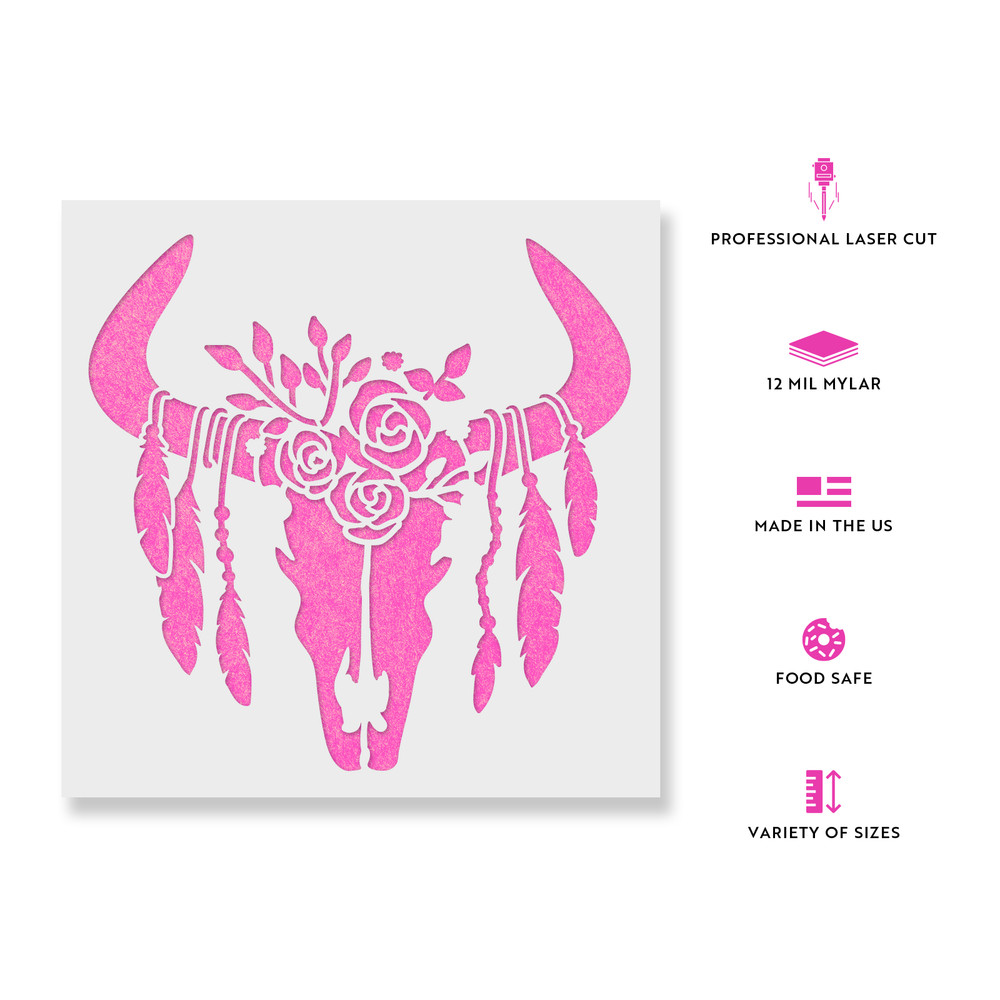 Feathered Cow Skull Stencil - Durable & Reusable Mylar Stencils