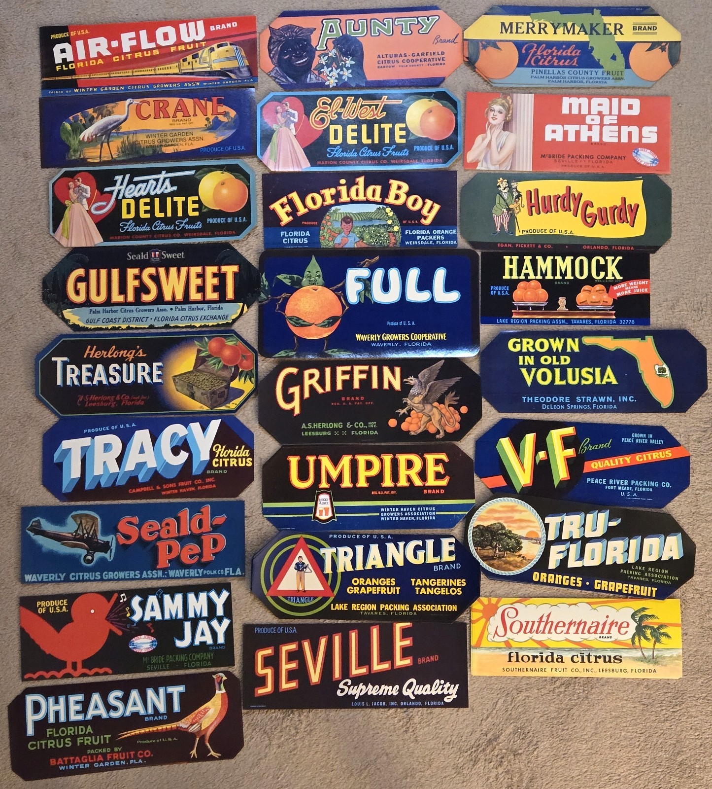 Collection of 25 Different Florida Citrus Labels **ORIGINAL FRUIT CRATE LABELS**