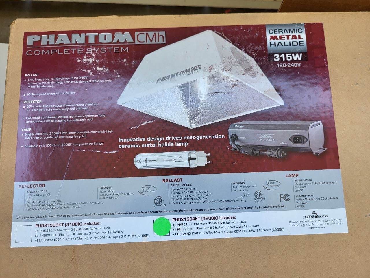 Phantom CMh Reflector/Ballast II Bulb 315w Complete Lighting Grow Kit+3100K Set