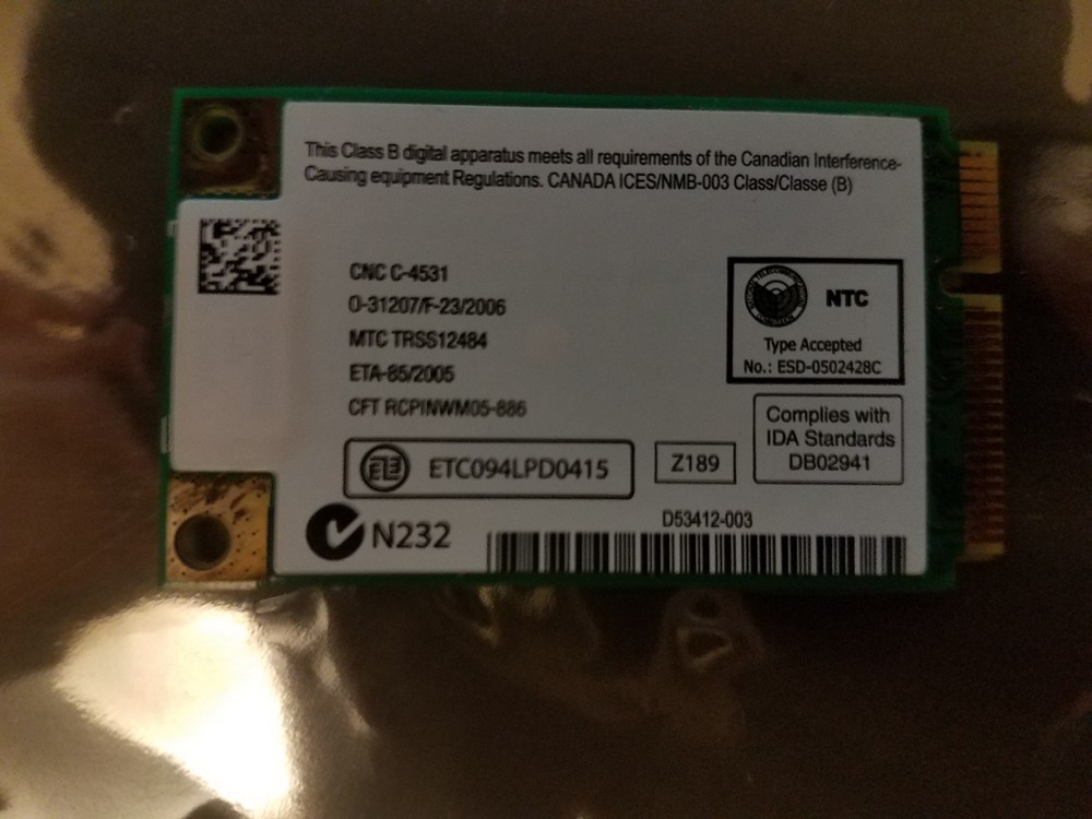 Intel WM3945ABG Dell ONC293 Wireless Card