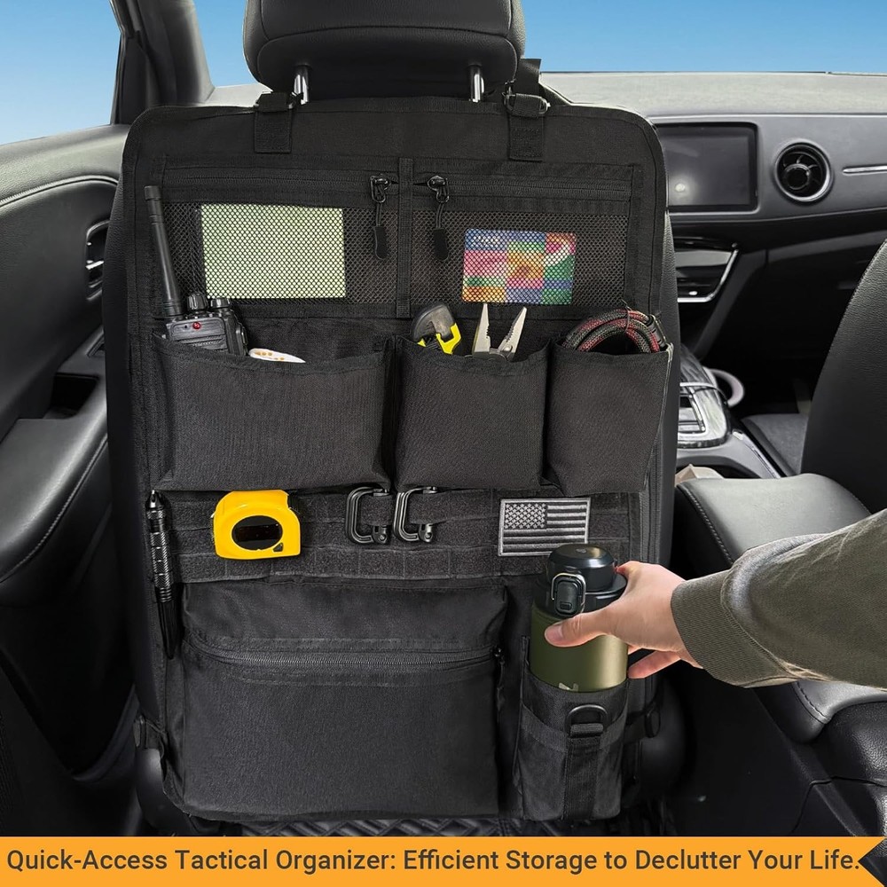 Tactical Car Seat Organizer with Multiple Pockets, MOLLE Panel System & Mesh Com
