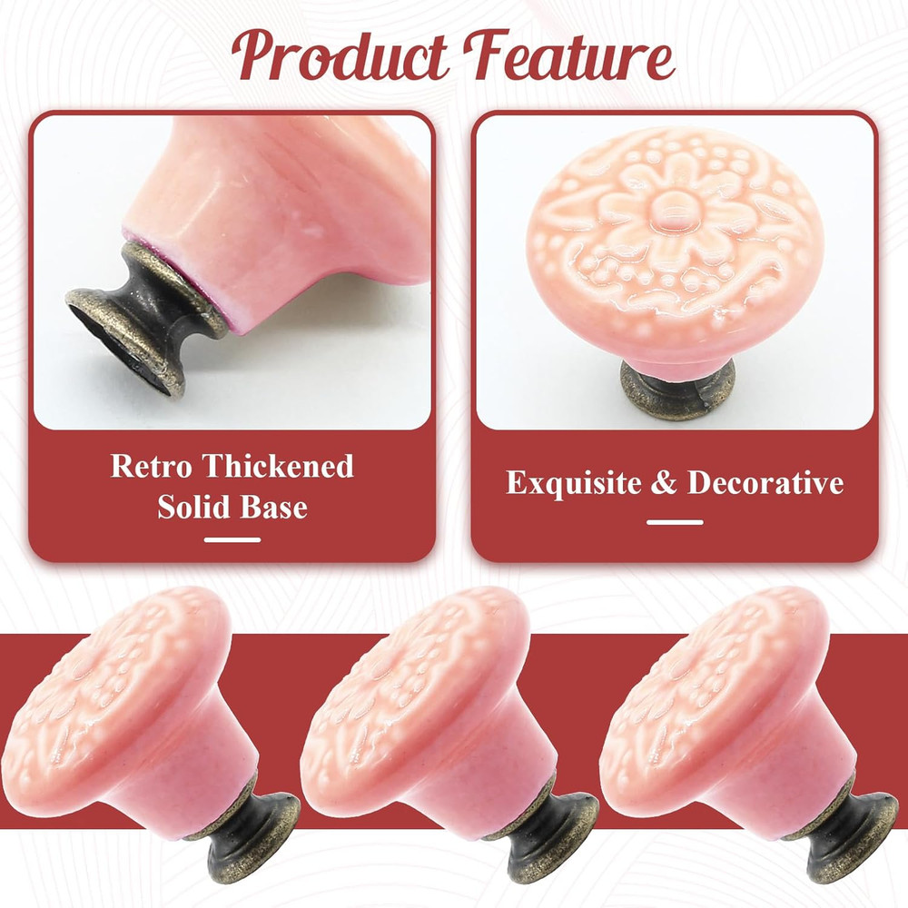 8pcs Pink Vintage Ceramic Kitchen Cabinet Knobs & Pulls - Retro Drawer Handles f