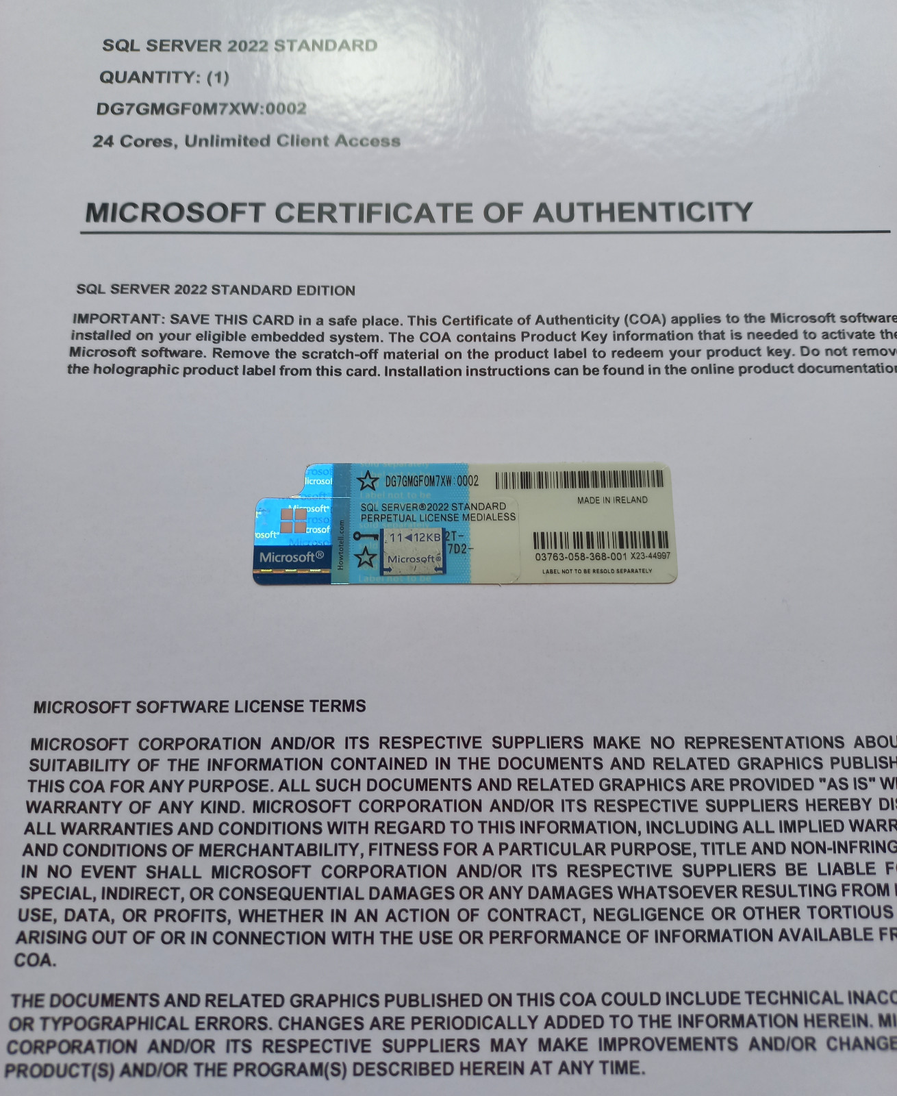 SQL Server 2022 Standard Microsoft 24 Core unlimited User CAL CoA DG7GMGF0M7XW