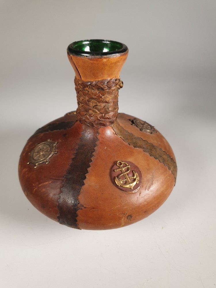 Vintage Leather Wrapped Green Bottle Decanter