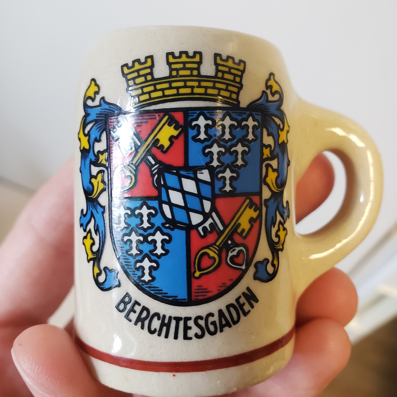 2 VINTAGE West Germany CERAMIC SMALL MINI BEER STEIN MUG SHOT Tiny Stines 2"