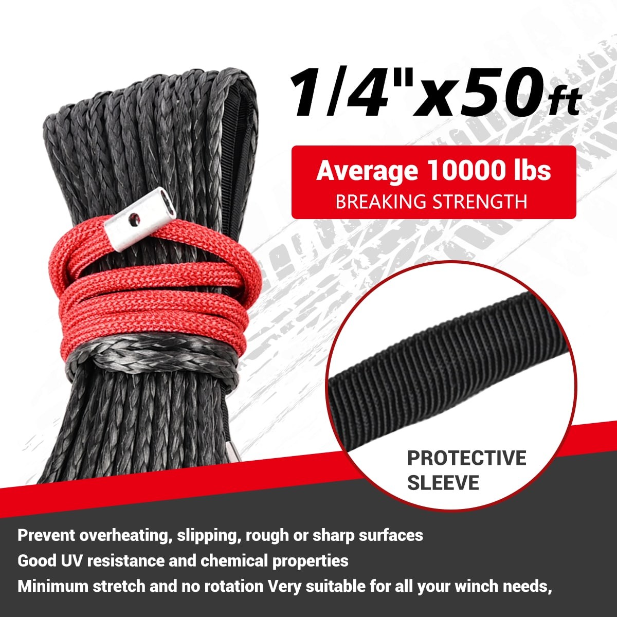 Synthetic Winch Rope Kit, 1/4'' x 50FT w/ 10000 lbs Strength, Protective Sleeve