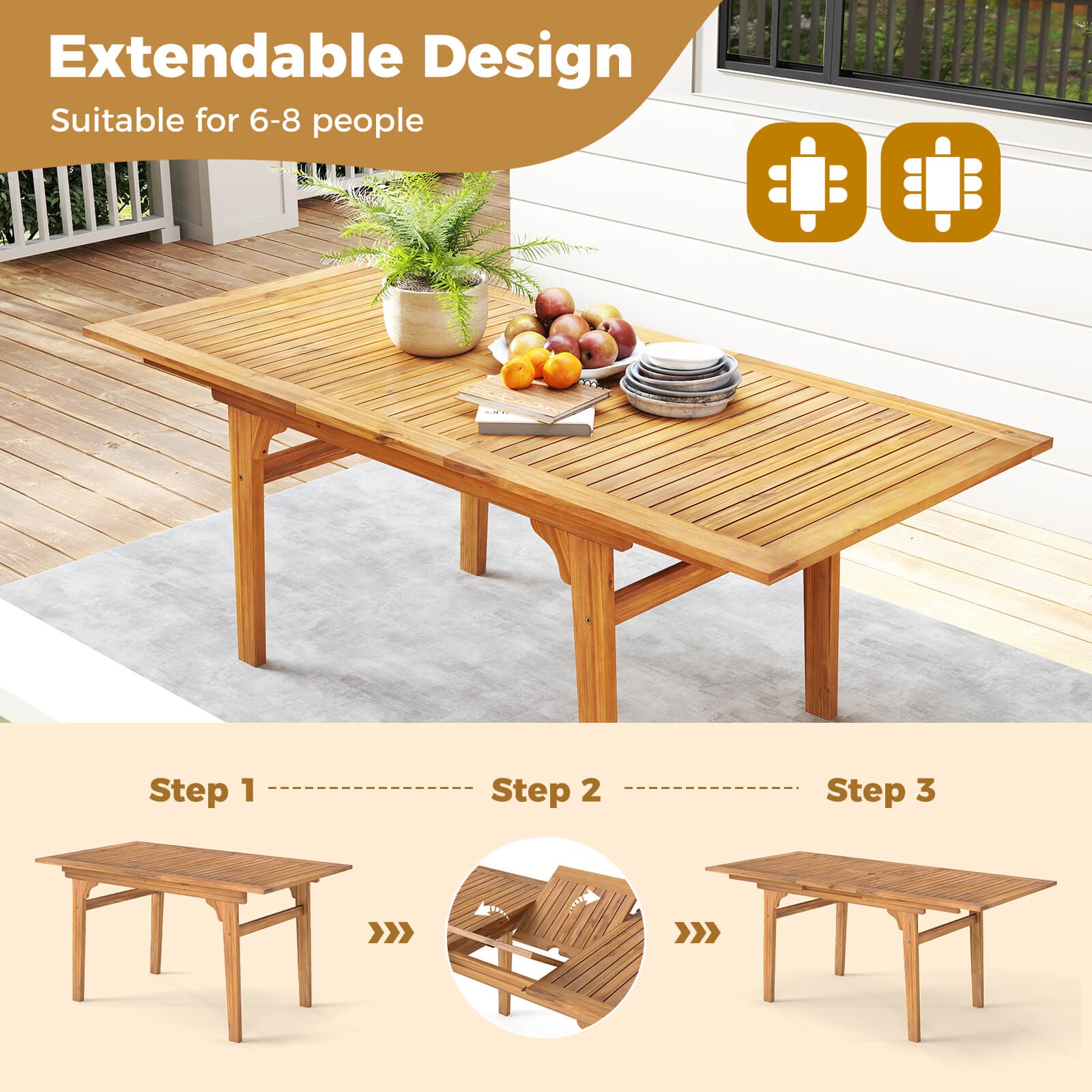 Expandable Outdoor Dining Table 55"-71" Acacia Wood Patio Table for 6-8 Person