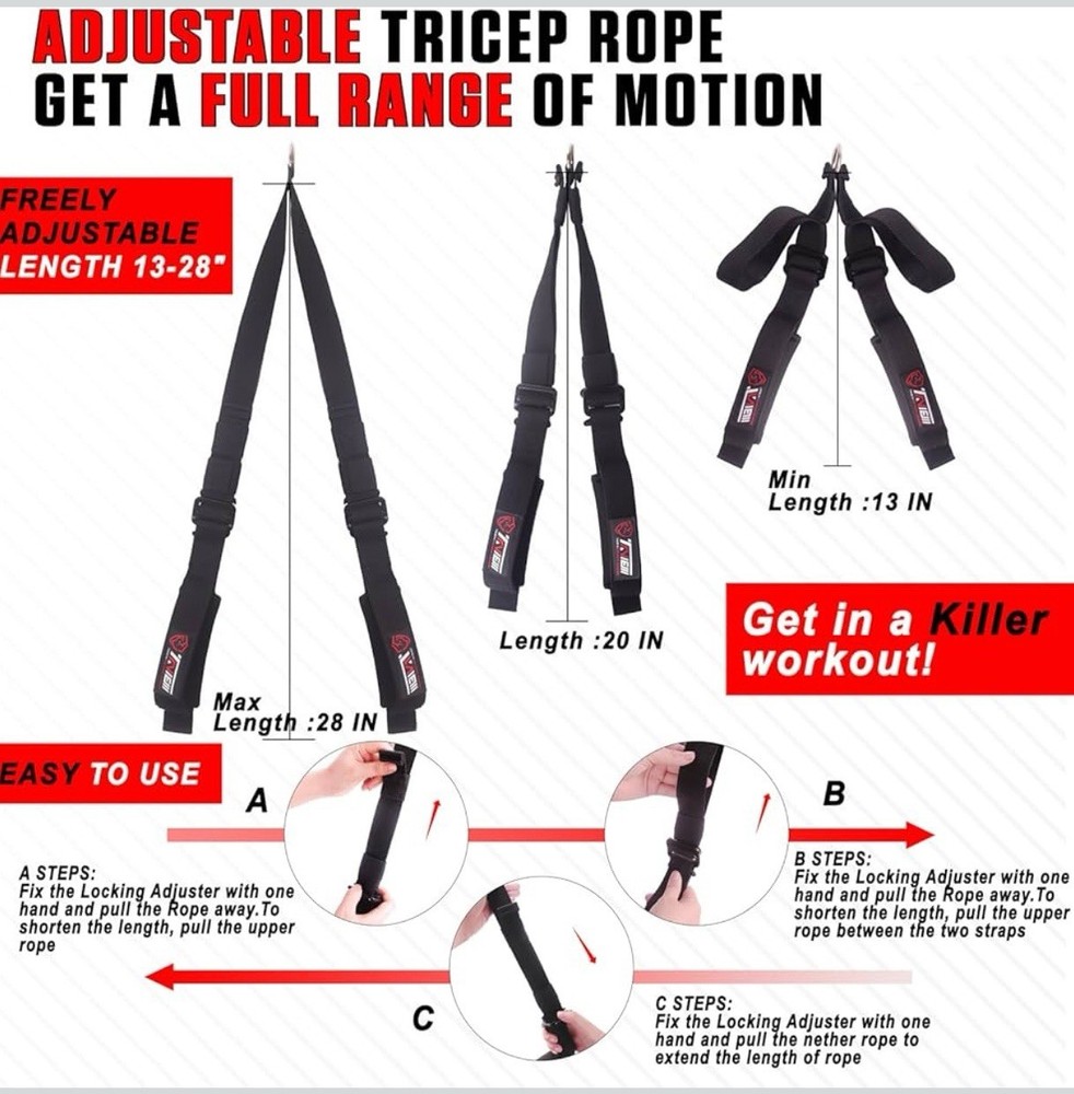 Gym Tricep Rope Cable Attachment Greater Range Motion Pull Down Back Face Pulls