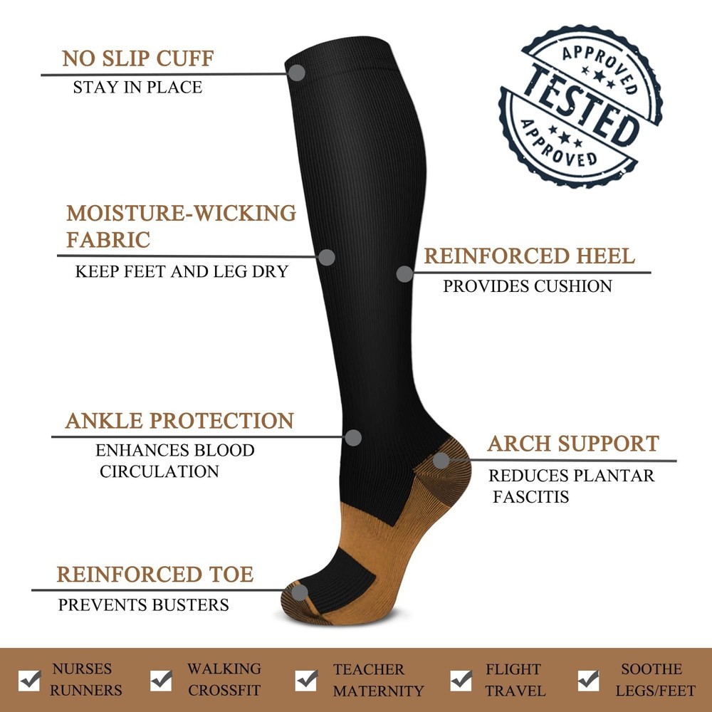 ACTINPUT Copper Compression Socks Men Women Small-Medium, A1 - Black