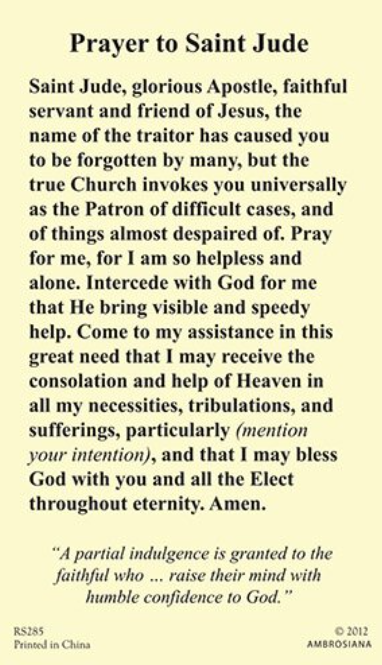 (2 copies) St. Jude Holy Prayer Card - Patron of Hopeless Causes Catholic
