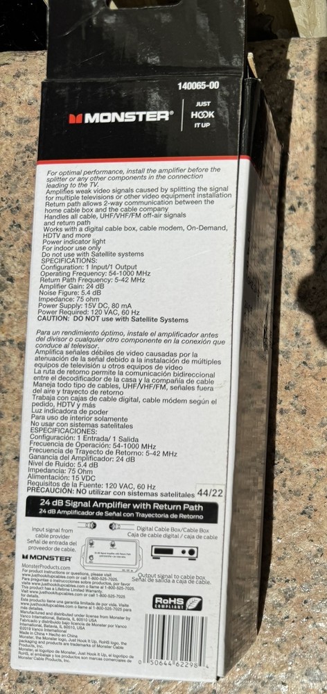 Monster 24DB Signal Amplifier with Return Path NIB