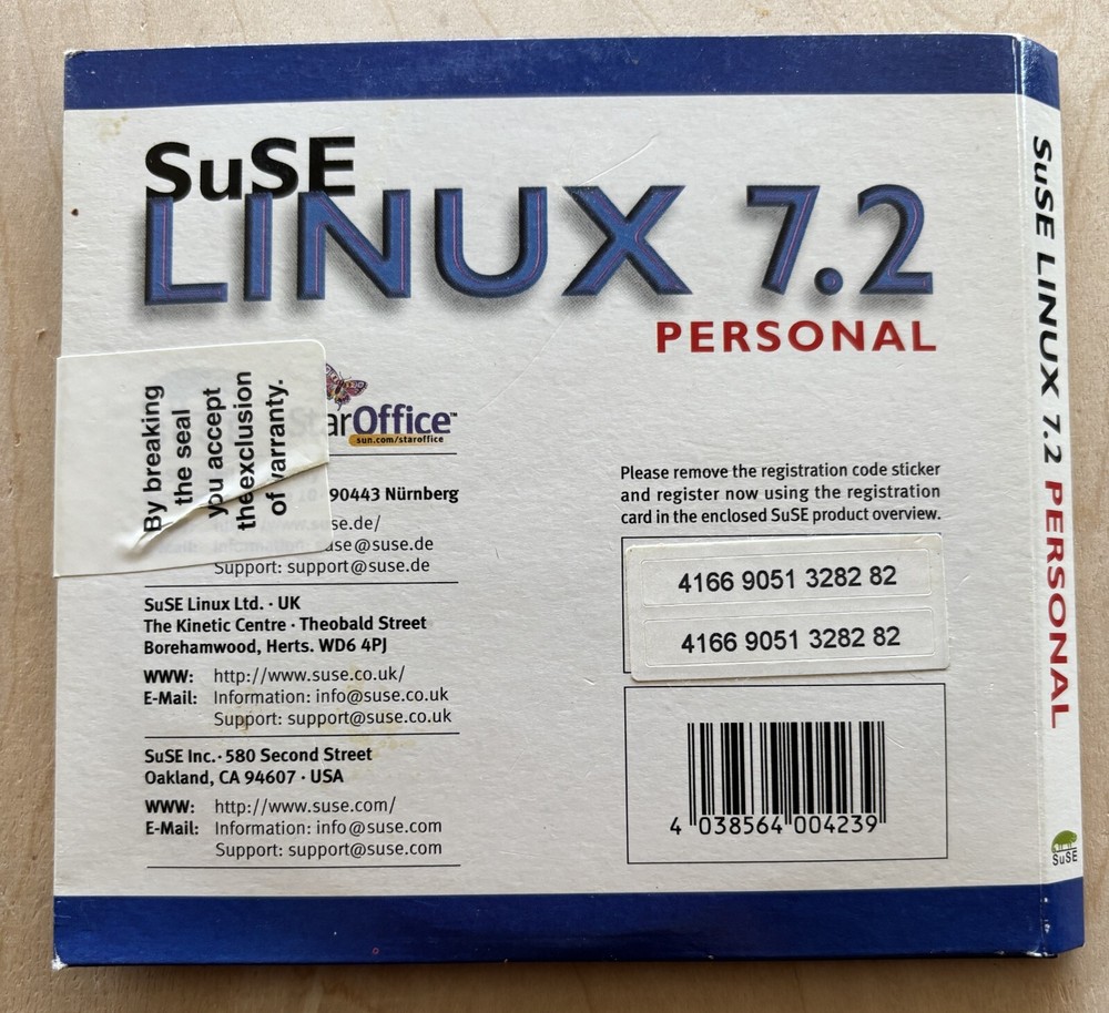 SuSE Linux 7.2 Personal Software 3 CDs Cardboard Folder
