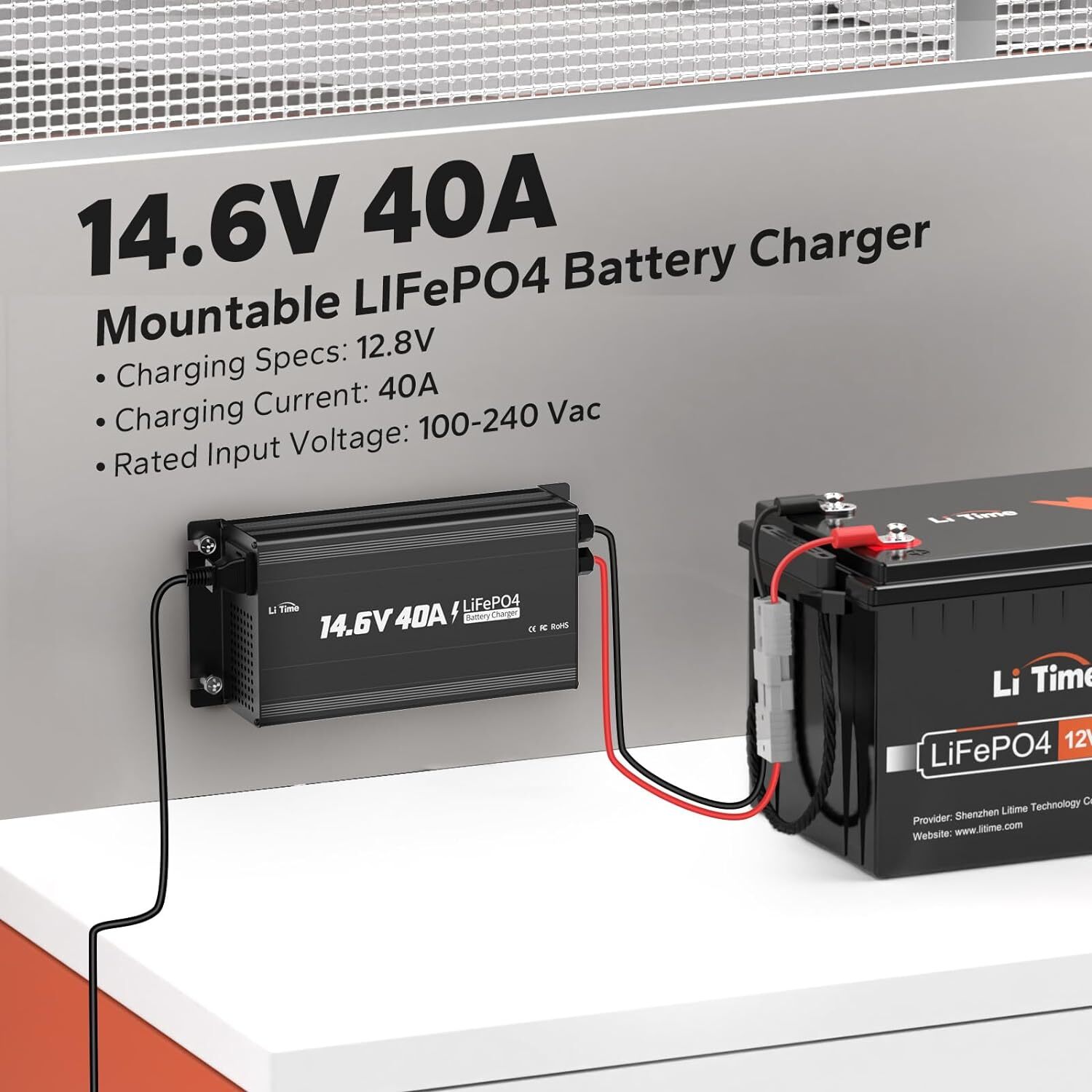 LiTime 14.6V 40A AC-DC Smart Charger Mountable For 12V LiFePO4 Lithium Battery