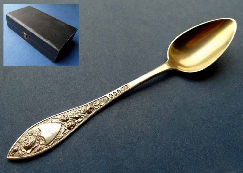 Set, 6 Large Tea Spoons, Roses, Silver, around 1820 E540